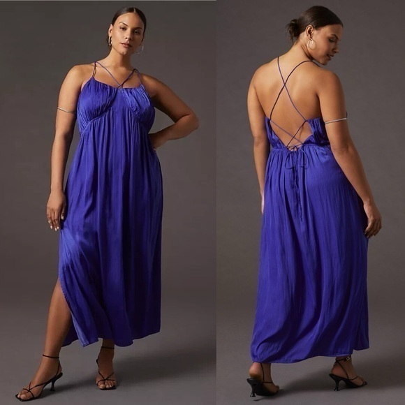 Anthropologie Dresses & Skirts - Anthropologie Halter Side Slit Maxi Dress Satin Double Slit in Blue Womens Large